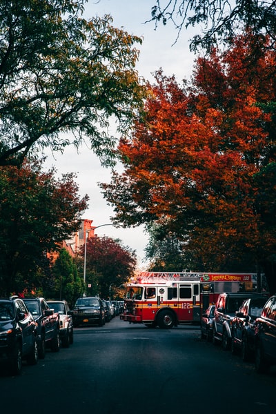 风景摄影的消防车穿越街道

